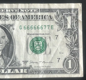 (BINARY/6 IN A ROW!) $1 67 Quad Double Binary Fancy Serial Number G66666677E - Picture 1 of 3
