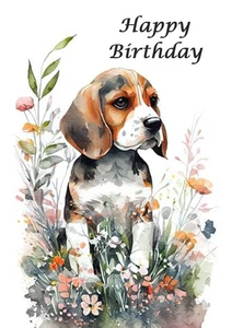TARJETA NOTA DE FELICITACIÓN DE CUMPLEAÑOS PERRO SENTADO LINDO BEAGLE AND FLOWERS - Imagen 1 de 1