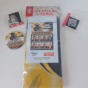 PITTSBURGH STEELERS Super Bowl XL Champions Fan Lot Pins + FLAG 27 x 37 in New - Picture 1 of 9