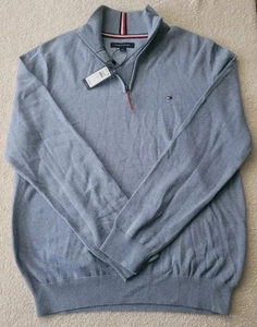 Tommy Hilfiger Men's Quarter Zip Sweater Logo Cotton Light Blue Size Large NWT - Picture 1 of 5