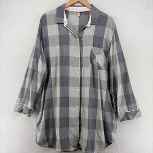 VICTORIAS SECRET Sleepshirt L Check Button Front Long Sleeve PJ Top Gray - Picture 1 of 15