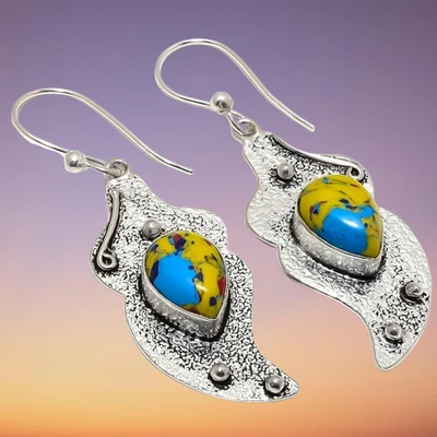 Mosaic Balloon Turquoise Gemstone 925 Sterling Silver Earring 2.4" N852 - Image 1 of 4