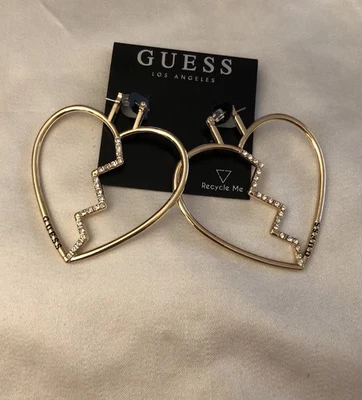 Guess Gold Tone Open Frame  Broken Heart Hoop Earrings With Crystal Accents NWT - Image 1 of 4
