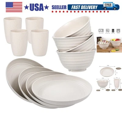 12pcs Wheat Straw Dinnerware Sets, Wheat Straw Plates and Bowls Sets for 4 Mi... - Image 1 of 4