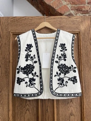 ZARA Embroidered Waistcoat SIZE S CREAM Black BNWT - Image 1 of 4