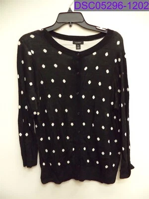 Women's Size XL Halogen Crew Neck Button Front Cardigan Black Ivory Polka Dot - Image 1 of 4
