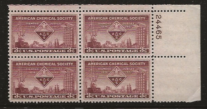 US Scott #1002, Plate Block #24465 1951 Chemical Society 3c FVF MNH Upper Right - Image 1 of 1