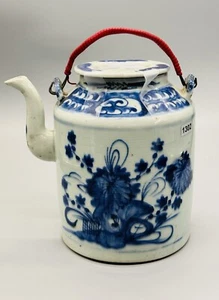 Antike chinesische große blau-weiße Porzellan Teekanne 7 1/2" T - Bild 1 von 7