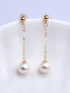 18ct Solid Gold Akoya Pearl Chain Stud Earrings, drop, 18K, Au750, dangle, gift - Picture 1 of 6