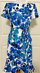 NWT Calvin Klein size 4 white blue teal floral short sleeve A-line dress - Picture 1 of 8