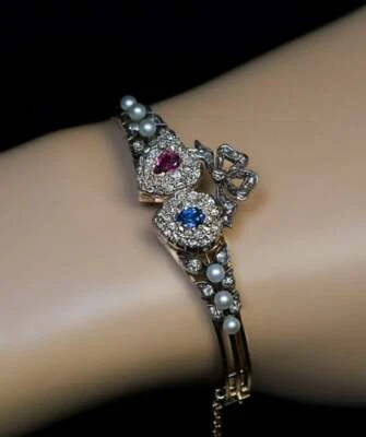 Antique Victorian Twin Heart Bangle Bracelet With Sapphire, Ruby, Pearls & CZ - Image 1 of 4