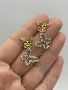 Cristalina 18k Gold Plated Double Butterfly Drop Jonquil Crystal Earrings NEW - Picture 1 of 7