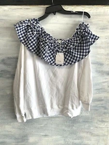 Clu Too 18CLT102 Gingham Rüschen One-Shoulder Sweatshirt, M - weiß blau - $ 223 - Bild 1 von 12