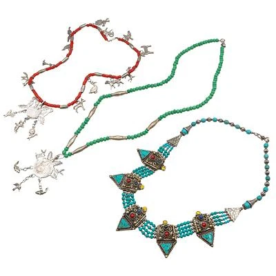 Lot of 3 Vintage Multi-Stone Tribal Guatemala Coin Charm Beaded Strand Necklaces - Image 1 of 4