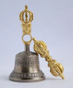 Tibetisch Buddhistisch 6,5" Vajra und Glocke Set Bronze Legierung vergoldet Patan Nepal - Bild 1 von 11