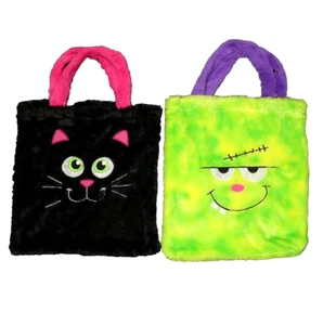 SET OF 2 Trick or Treat Tote Bag Plush, Black Cat & Frankenstein's Monster 13x13 - Picture 1 of 20