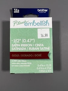 Brother P-touch Embellish Tape for Label Maker 1/2" Gold on Red Satin Ribbon - Picture 1 of 2