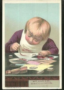 Nat. Wolfe & Co. , Druggists Little Boy Painting Victorian Trade Card - Picture 1 of 1