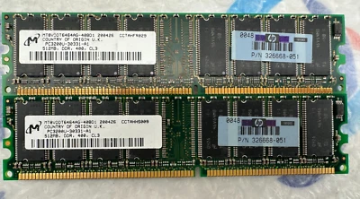 2x Micron MT8VDDT6464AG-40BD1 PC3200U 512MB DIMM DDR 400  Memory HP 326668-051 - Image 1 of 2