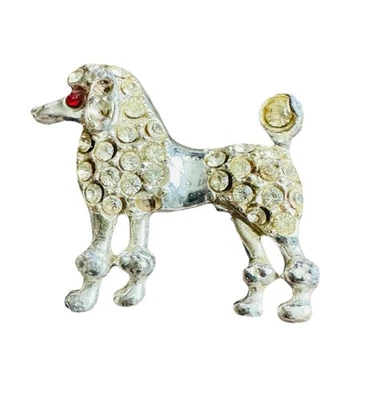 Broche prendedor vintage caniche perro tono plata estrás ojo rojo bisutería 1,7 Foto 1 de 3