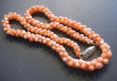 Vintage Orange White Coral Necklace Dumbbell  Beads 16" Necklace Silver Clasp - Image 1 of 4