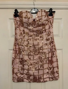 Quiz - Light Pink Strapless Short Party Dress With Rose Gold Sequins Size 14 - Picture 1 of 4