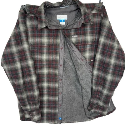 Columbia Mens Size L Sherpa Lined Jacket Gray Red Blue Plaid Flannel Wool Blend - Image 1 of 4