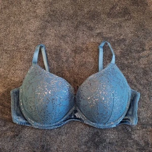 Victoria's Secret Very Sexy Push Up Bra 38D Blue Metalic Floral Lace Underwire - Picture 1 of 12