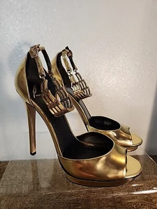 Brian Atwood 'Cassise' Gold Patent Peep Toe Stiletto With Ankle Strap 8 - Picture 1 of 8