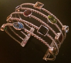 925 Solid Sterling Silver Stylish Bangle Bracelet Natural Multi Gemstone 6-8" - Picture 1 of 5