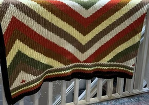 Vtg Crochet Afghan Throw Chevron Zigzag Striped Blanket 96 x 102  Red Yellow - Picture 1 of 1