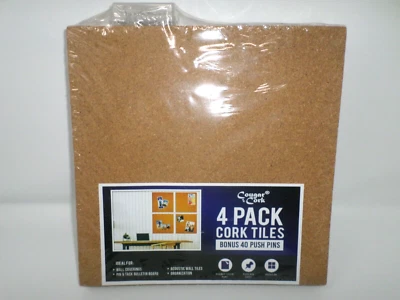 Cougar Cork 4 Pack Cork Tiles Bonus 40 Push Pins Double Sided Tape 12" x 12" - Image 1 of 4