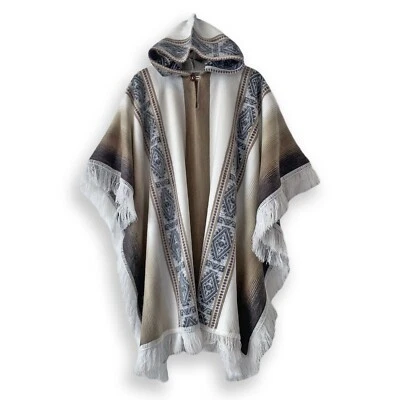 LIGHT BABY ALPACA WOOL HOODED PONCHO FRINGE UNISEX HANDMADE - Image 1 of 4
