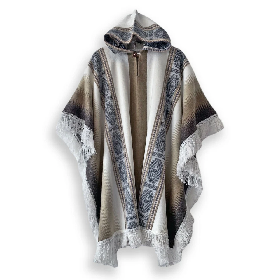 LIGHT BABY ALPACA WOOL HOODED PONCHO FRINGE UNISEX HANDMADE - Image 1 of 4