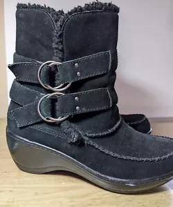 Softwalk Womens 9M Black Velour Boots Buckles Side Zip Wedge Mid Calf PreOwned - Picture 1 of 6