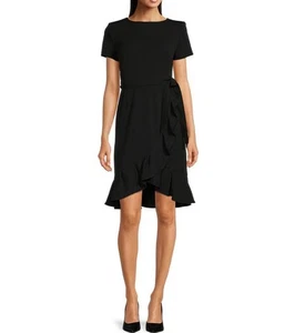 NEW Calvin Klein Women’s Boat Neck Wrap Dress Size 2 Black Ruffle Tie Waist - Picture 1 of 7