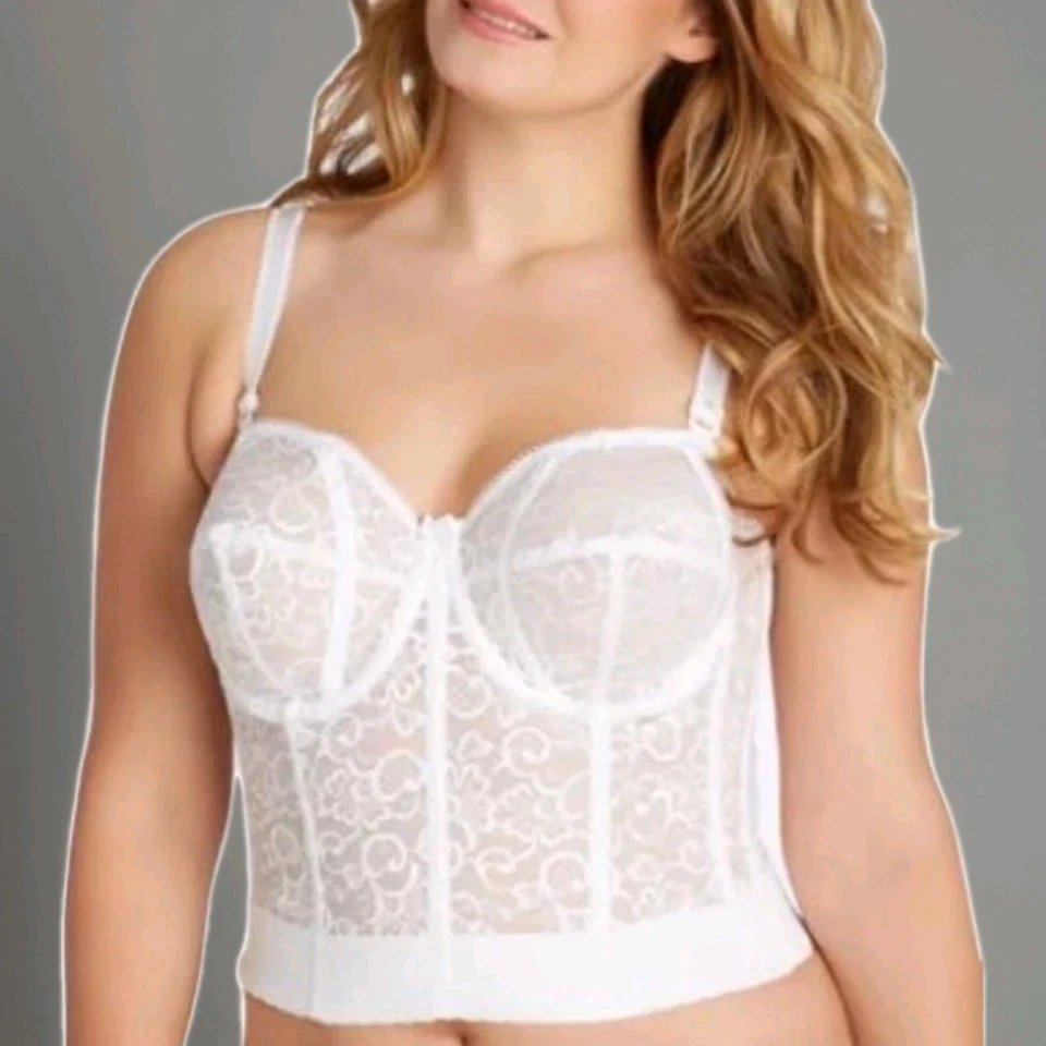 Sujetador corsé bustier deshuesado de encaje blanco ajustable 44F Goddess Longline vintage Foto 1 de 4