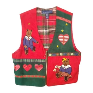 Karen Scott Christmas Holiday Vest Teddy Bears & Hearts Size S Lightweight Zip - Picture 1 of 11