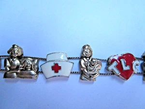 Vintage 60's Obstetrics Nurse Slide Bracelet Silver Tone TLC Heart Cap Enamel - Picture 1 of 7