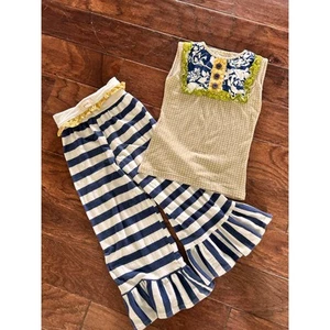 Persnickety Boutique Ruffle Outfit Set Top & Striped Bell Bottom Pants 8 Years - Picture 1 of 9