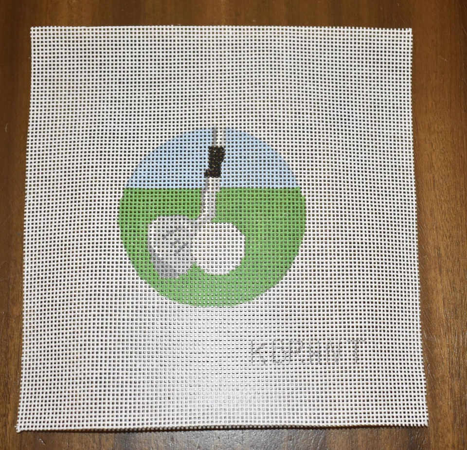 hand painted needlepoint canvas #14 golf ball club 3 1/4" round - Image 1 of 1
