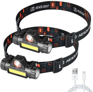 2Pack Waterproof LED Headlamp Super Bright Head Torch Rechargeable COB Headlight