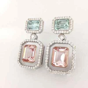 Gorgeous Emerald Cut Aqua Green Peridot, Pink Tourmaline & White CZ Earrings Set - Picture 1 of 9