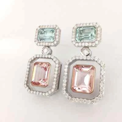 Gorgeous Emerald Cut Aqua Green Peridot, Pink Tourmaline & White CZ Earrings Set - Image 1 of 4