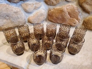 Vintage Amber Etched Floral Art Glass Drinking Glass 4.75”H - large set of 13 - Picture 1 of 10