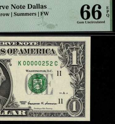 1999 $1 Federal Reserve Note Low 3 digit Serial Number Dallas K00000252C PMG 66 - Image 1 of 4