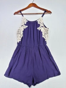 Papaya Juniors Navy Blue with White Crochet Trim Boho Shorts Romper Jumper Sz S - Picture 1 of 3