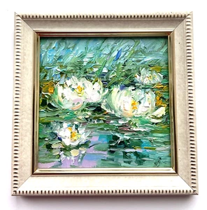 White Water Lilies Original oil painting framed landscape painting flowers 4x4in - Picture 1 of 15
