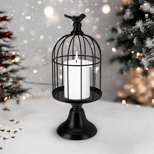 Vogelkäfig Teelichthalter aus schwarzem Metall - eleganter Stumpenkerzenständer Mittelstück - Bild 1 von 9
