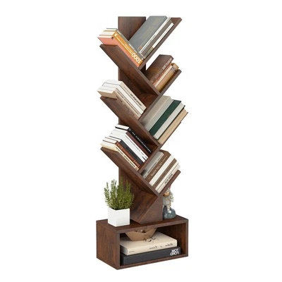 7 Tier Tree Bookshelf, Rustic Brown Floor Standing Bookcase with Storage Cabinet - Image 1 of 4
